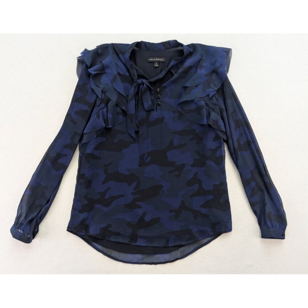 Banana Republic Women's Top Size S Blue Camo Print Sheer Long Sleeve Blouse